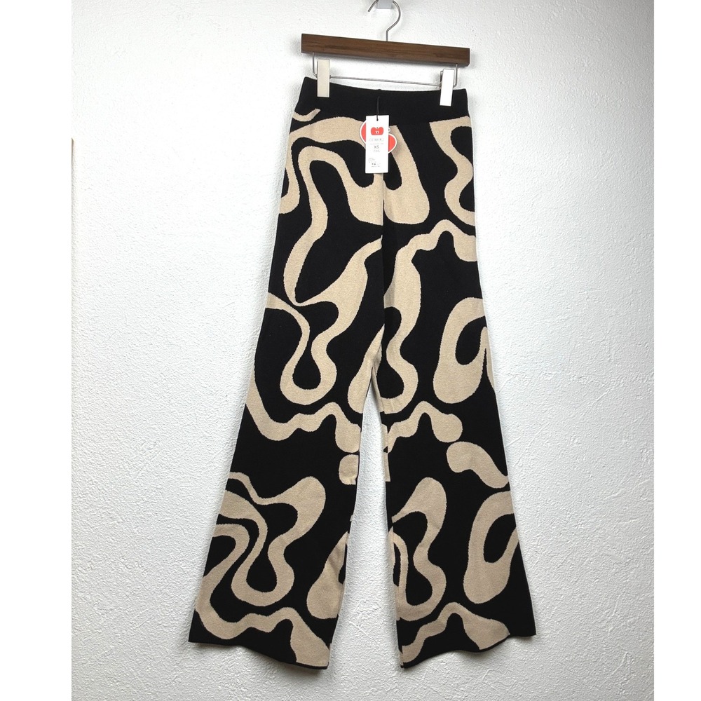 Cider Black Tan Knit Wide Leg Pants - XS - Abstract Wavy Boho Retro Mod